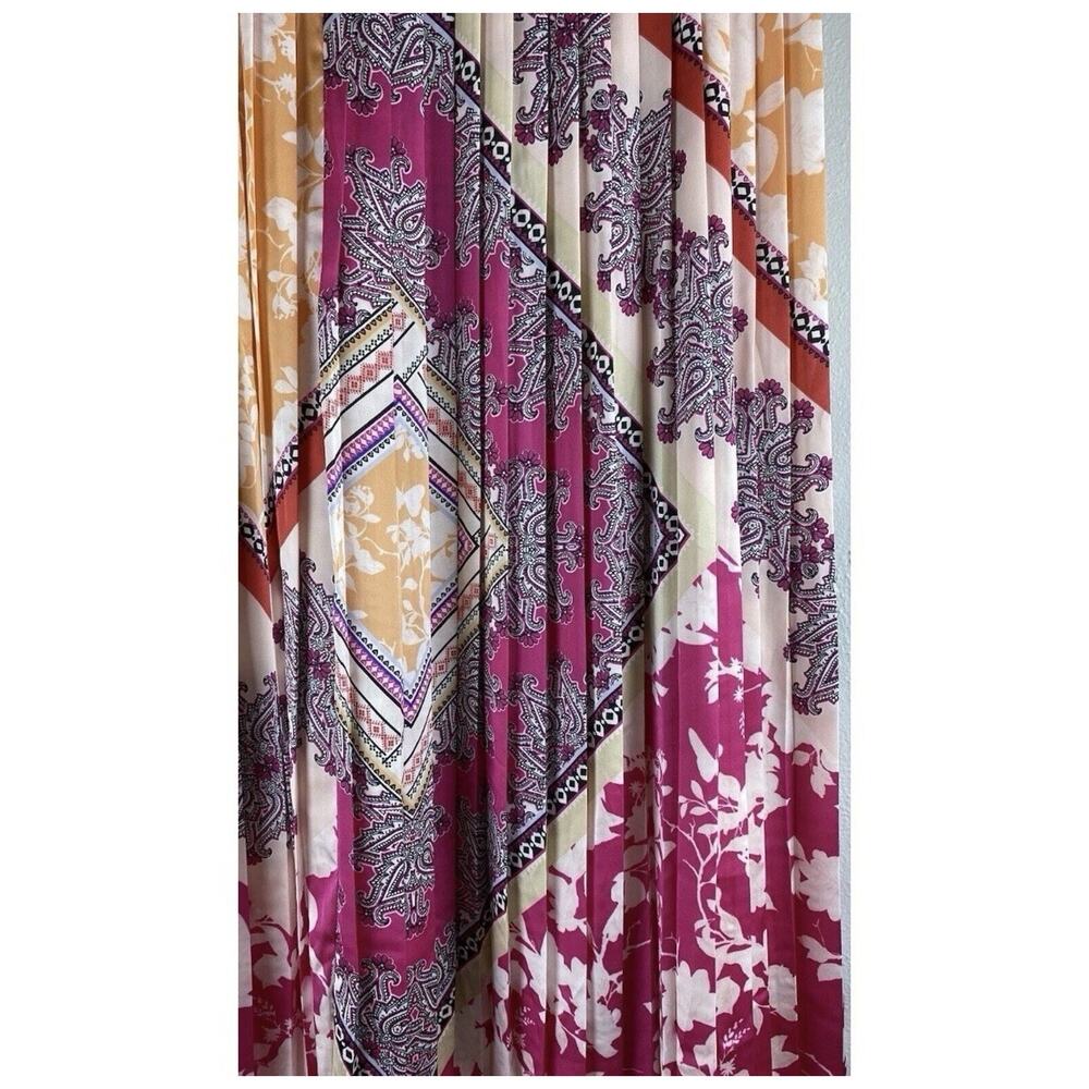 Boho Patchwork Pleated Midi Skirt Pink Orange Paisley Scarf Print Resort - Picture 3 of 8